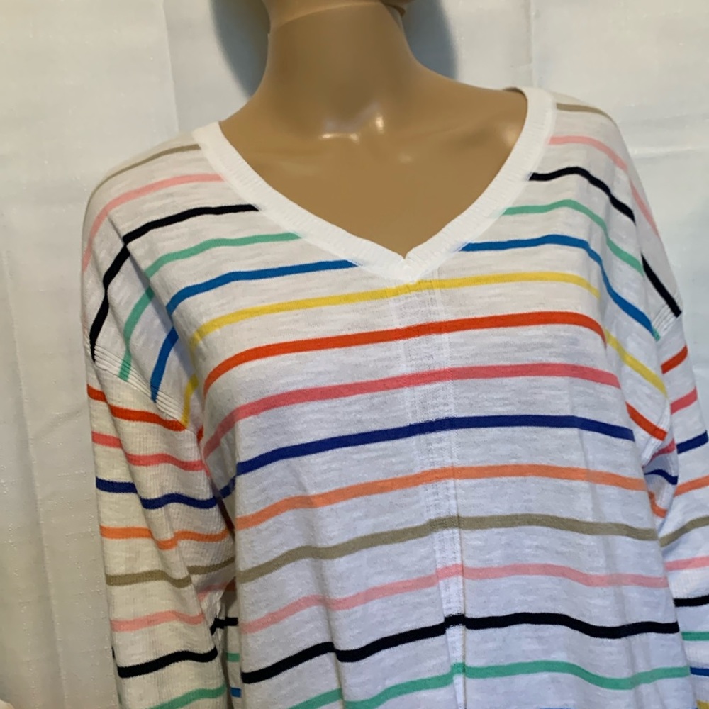 TALBOTS Crisp White Multicolor Stripe Knit Top.100%Soft Natural Cotton!Light-Wt. - Picture 1 of 9